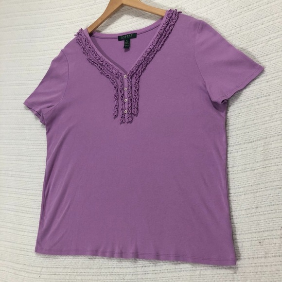 Lauren Ralph Lauren Ruffle Neck Top Button Lavender Blouse Plus Size 1X‎ - Picture 1 of 7